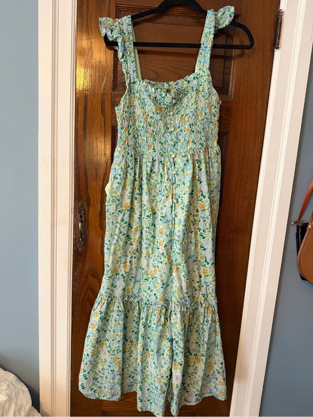 Anthropologie Aqua Floral Smocked Tiered Maxi Dress